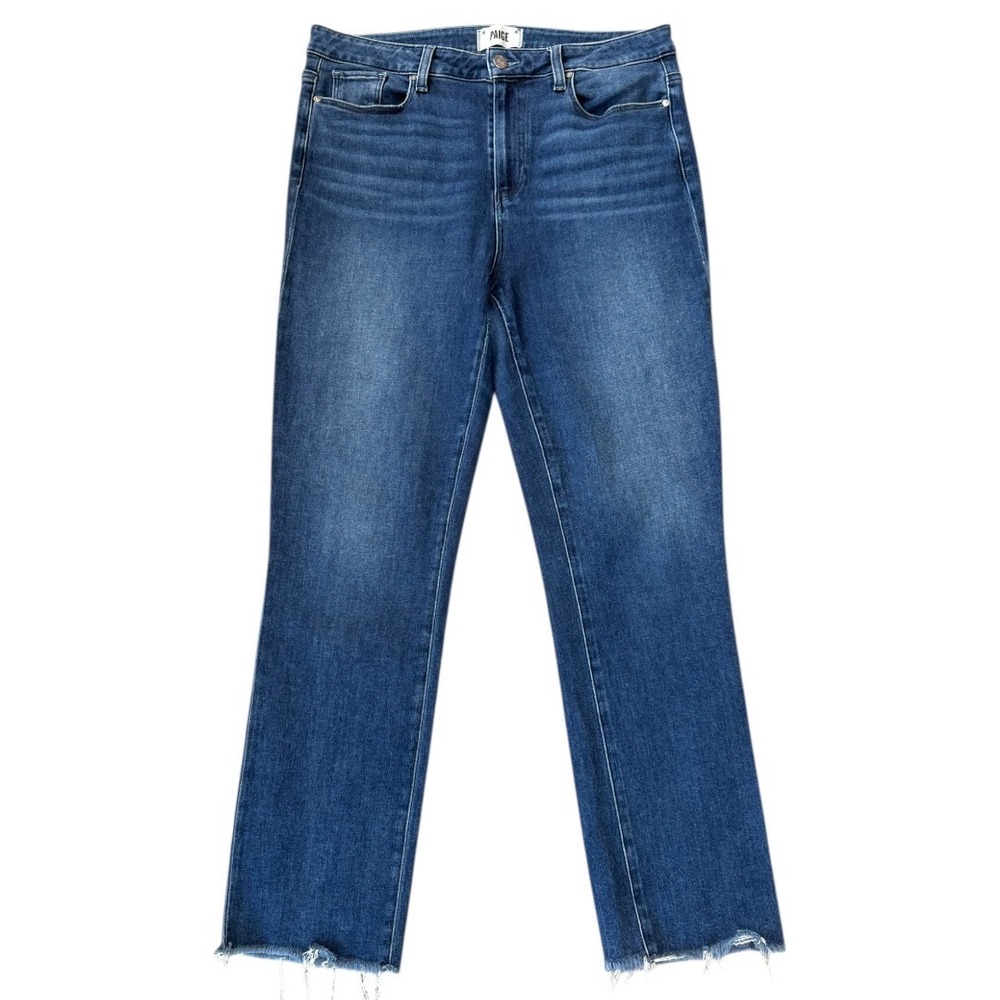 Paige Cindy High Rise Straight Ankle Jeans Aegean Distressed Choppy Hem 14 32